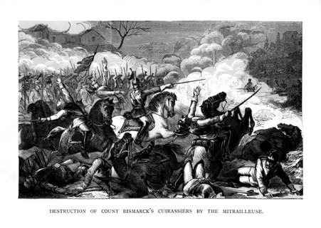 'Destruction of Count Bismarck's Cuirassiers by the Mitrailleuse', c1870, (1875). Artist: Unknown