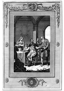 Alfred The Great dividing his loaf with a poor pilgrim, 9th century, (1772). Artist: Unknown