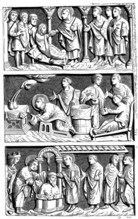 A triptych of the healing work of St Remy, Bishop of Reims, 11th century (1870). Artist: Unknown