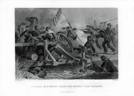 Struggle on a bridge during the retreat from Manassas, Virginia, (1862-1867).Artist: Felix Octavius Carr Darley