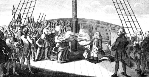 The shooting of Admiral Byng on board the 'Monarque', 1757. Artist: Unknown
