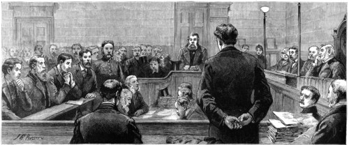 Socialist leaders at Bow Street police court following riots in the west-end of London, 19th centuryArtist: J Brown