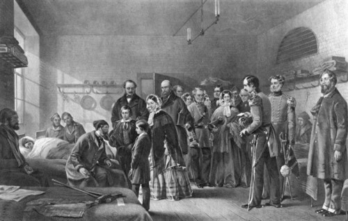Queen Victoria (1819-1901) visiting wounded soldiers, 19th century. Artist: Unknown
