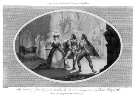 The Earl of Essex laying his hand on his sword on being struck by Queen Elizabeth, (1792).Artist: Wooding