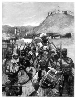 Albanians from Scutari cross the Boyana to occupy Dulcigno, 1880.Artist: Richard Caton Woodville II