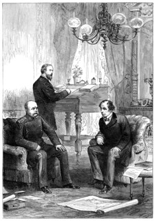 Benjamin Disraeli (1804-1881) meeting with Otto von Bismarck (1815-1898), Berlin, 1878. Artist: Unknown