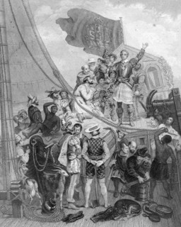 Columbus 'discovering' America, 1492, (19th century).Artist: Holhs