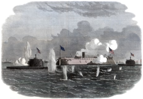 The iron-clad frigate, new ironsides, and two Ericsson batteries going into action at Charleston, 18 Artist: Unknown