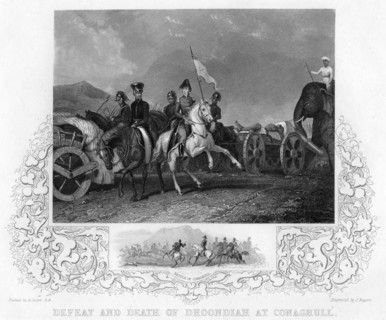'Defeat and Death of Dhoondiah at Conaghull', 1800, (early-mid 19th century).  Creator: J Rogers.