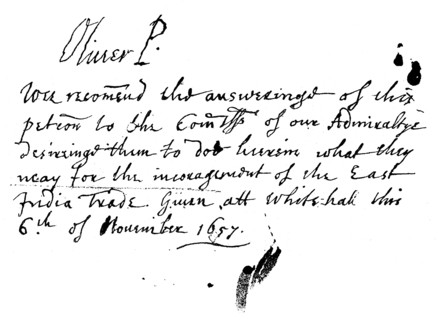 Autograph note of Oliver Cromwell to a petition of the East India Company, November 1657, (1893). Artist: Unknown