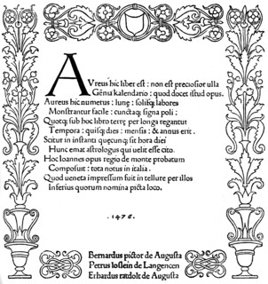 Title page of Kalendarium by Regiomontanus, 1476, (1893). Artist: Unknown