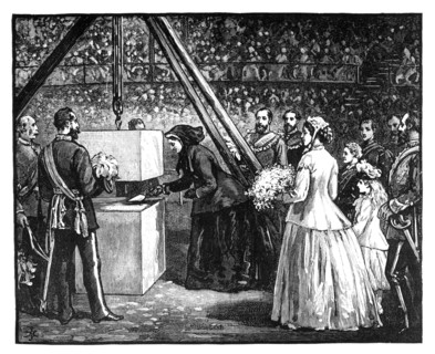 Queen Victoria laying the foundation stone of the Royal Albert Hall, London, 1860s. Artist: Unknown