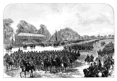 Queen Victoria reviewing volunteers in the Great Park, Windsor, Berkshire, late 19th century. Artist: Unknown