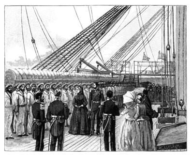 Queen Victoria inspecting HMS 'Galatea', Osborne Bay, c1860s. Artist: Unknown