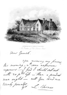 A note from Sterne to Garrick, and a view of Sterne's house in Yorkshire, 18th century, (1840). Artist: Unknown