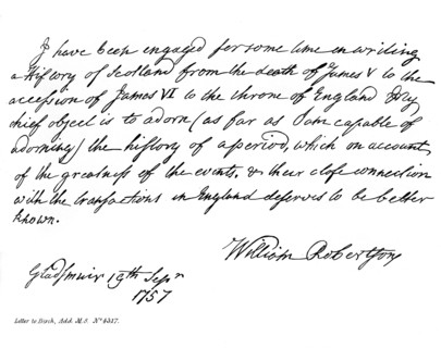 Part of a letter from Dr William Robertson concerning his History of Scotland, 1757, (1840).Artist: William Robertson