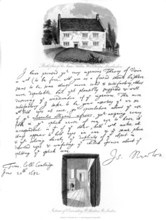 A letter from Isaac Newton, and a view of his birthplace at Woolsthorpe, Lincolnshire, 1682, (1840).Artist: Isaac Newton
