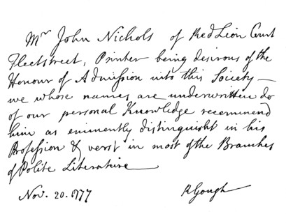 Certificate for the election of Mr John Nichols to the Society of Antiquaries, 1777, (1840). Artist: Richard Gough