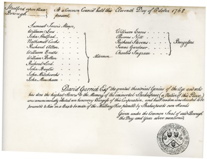 The Freedom of Stratford-upon-Avon, presented to David Garrick, 1768, (1840). Artist: Unknown