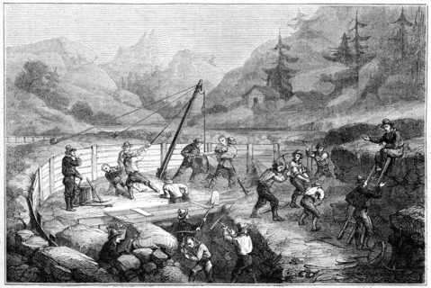 'Excavating and washing of sands at the bottom of a river', California, 19th century.Artist: Gustave Adolphe Chassevent-Bacques