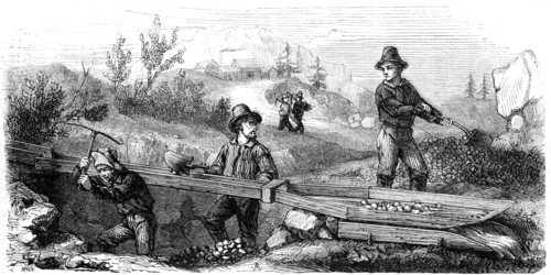 'French miners working a long tom sluice', California, 19th century.Artist: Gustave Adolphe Chassevent-Bacques