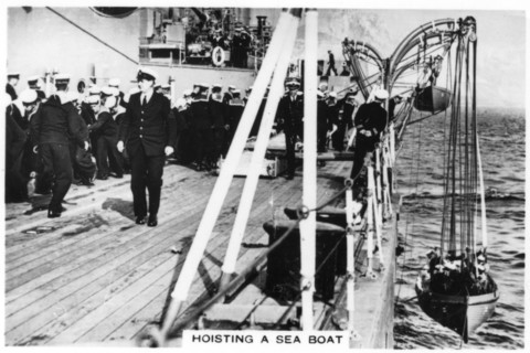 Hoisting a sea boat, HMS 'Nelson', 1937. Artist: Unknown