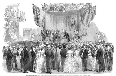 'Presentation of a gold vase, at Melbourne, to the Lieutenant Governor of Victoria', 1854. Artist: Unknown