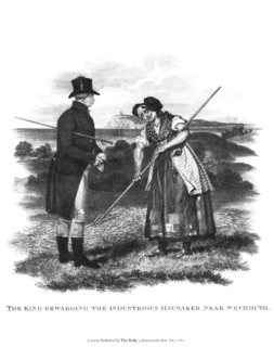 The king rewarding the industrious haymaker near Weymouth, 1820. Artist: Thomas Kelly-Kenny