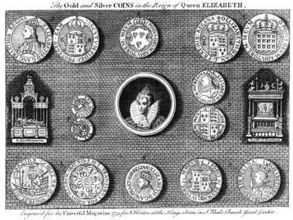 The gold and silver coins in the reign of Queen Elizabeth, 1751. Artist: Eldridge
