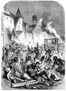Combat between English and French knights in a square at Limoges. Artist: Unknown