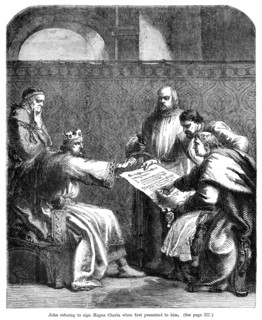 King John (1167-1216) refusing to sign the Magna Carta when first presented to him, 1215. Artist: Unknown