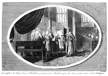 King Henry III (1207-1272) in the Chapter House at Winchester preaching to the monks, 19th century.Artist: Saunders