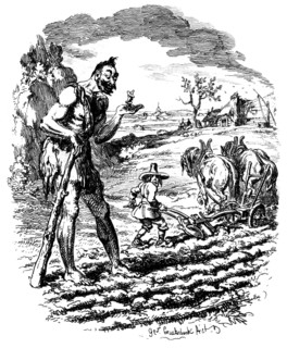 A giant stands in a field as a farmer ploughs, 19th century.Artist: George Cruikshank
