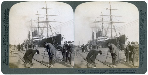 Greeting for newcomers on the pier alongside the Pacific Mail SS 'China', Yokohama, Japan, 1904.Artist: Underwood & Underwood
