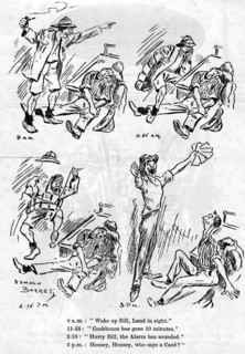 Cartoon from the ship board paper The Comet, troopship 'RMS Caronia', 1916-1917. Artist: Barret