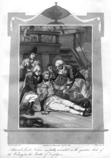 Admiral Nelson lying mortally wounded on the quarter deck of HMS 'Victory', 1816.Artist: I Brown