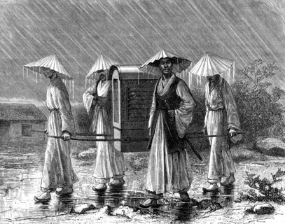 Palanquin bearers in rain costume, Korea, 19th century.Artist: Mario Azzopardi