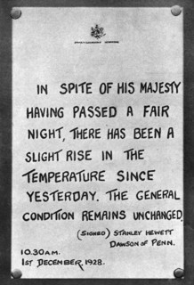 Bulletin of the King's medical progress fixed to the palace railings, 1928, (1935). Artist: Unknown