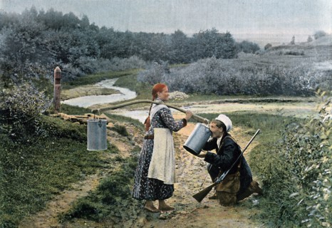 A hunter takes a drink from a young woman, Russia, c1890. Artist: Gillot