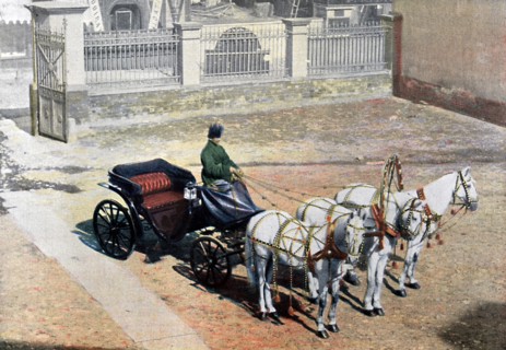 A three-horse-drawn troika in summer, Russia, c1890. Artist: Gillot