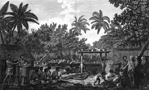 'A Human Sacrifice in a Morai, in Otaheite; in the presence of Captain Cook', c1773. Artist: Unknown