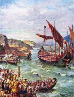 Departure of the Romans from Britain after the sacking of Rome in 410 AD, (c1920).  Creator: Harry Payne.