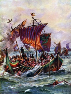 Alfred's galleys attacking the Viking dragon ship, 897 AD, (c1920).  Creator: Harry Payne.