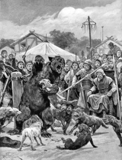 Bear-baiting in Saxon times, (c1920).Artist: Richard Caton Woodville II