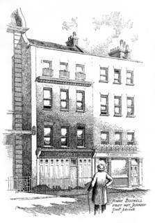 Where James Boswell first met Dr Johnson, London, (1912). Artist: Frederick Adcock
