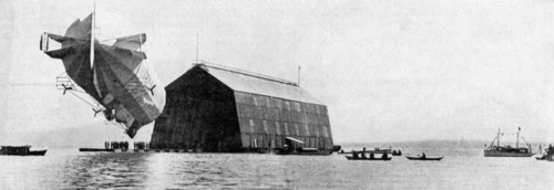 A Zeppelin entering its floating shed, c 1900, (c1920). Artist: Unknown