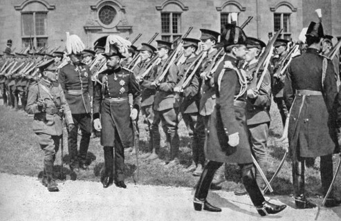 King George V (1865-1936) inspecting the OTC at Bangor University College, c1920s (1936). Artist: Unknown