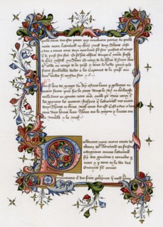 Text page with illuminated initial letter, early 15th century. Artist: Unknown