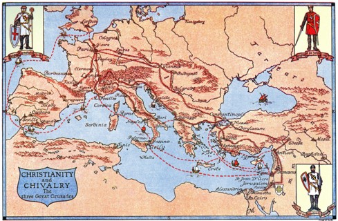 Map of the routes of the three great crusades, 1926.Artist: Criss