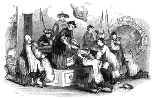 'Giving out corn to the people, during a season of scarcity, 1847'. Artist: Evans